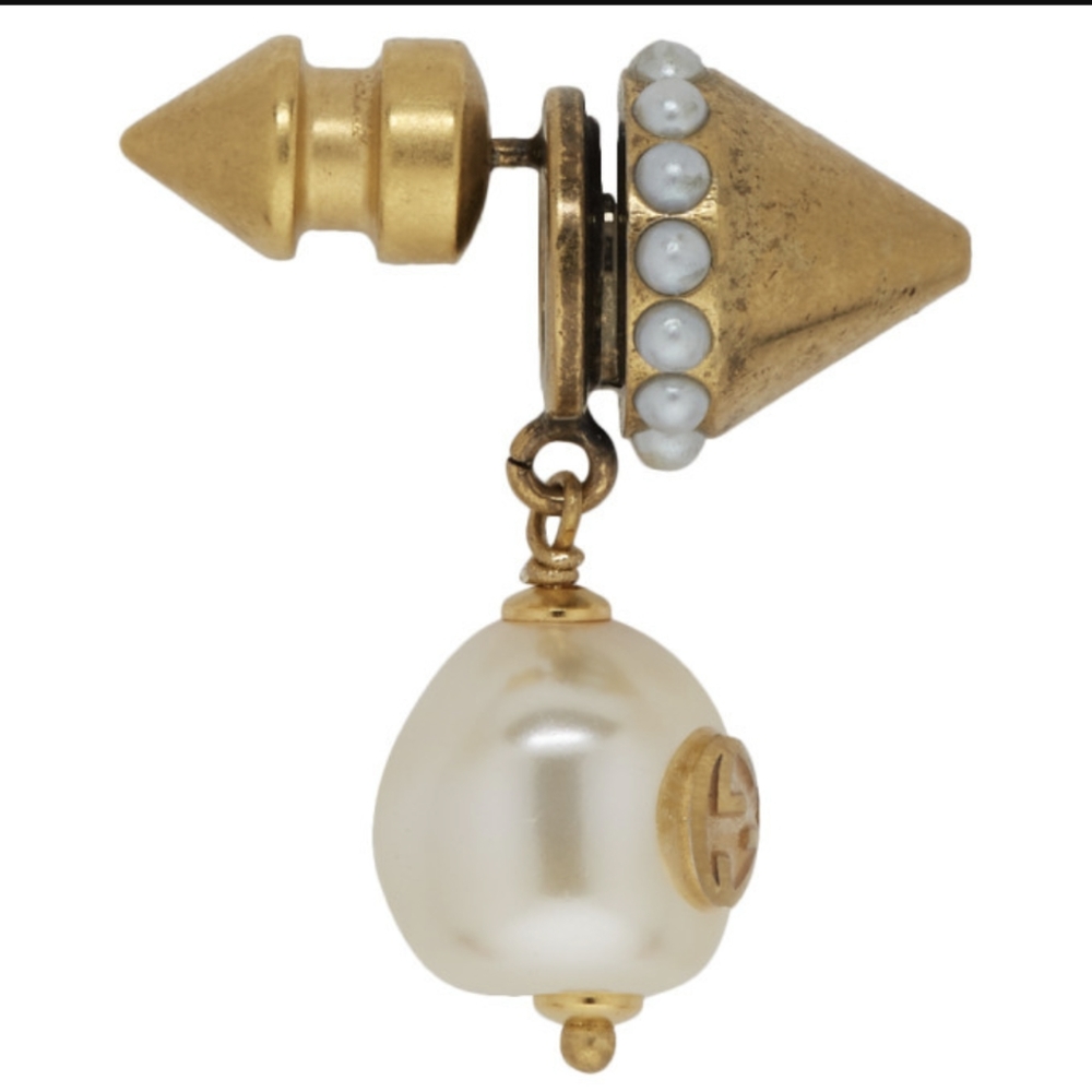 GUCCI pearl w logo inverted stud gold drop earrings - Picture 2 of 10